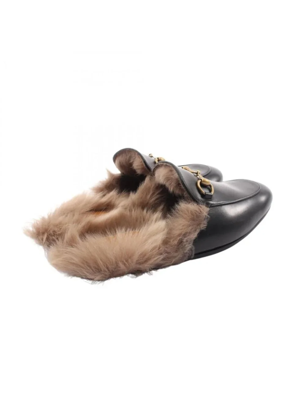 Gucci Sandals Prince Town Horsebit Black Leather Fur Slip On
